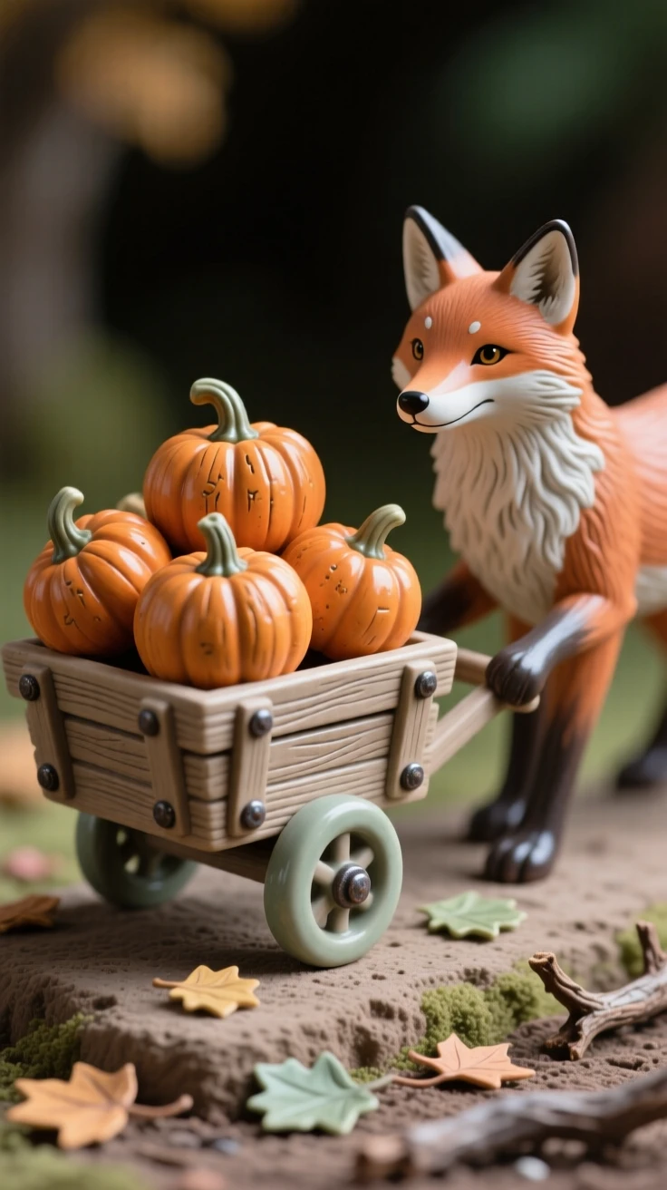 A fox pulling a small cart of pumpkins gathered together in a heartwarming tableau, set within a cozy, detailed miniature world, stirring nostalgic delight and warm laughter.