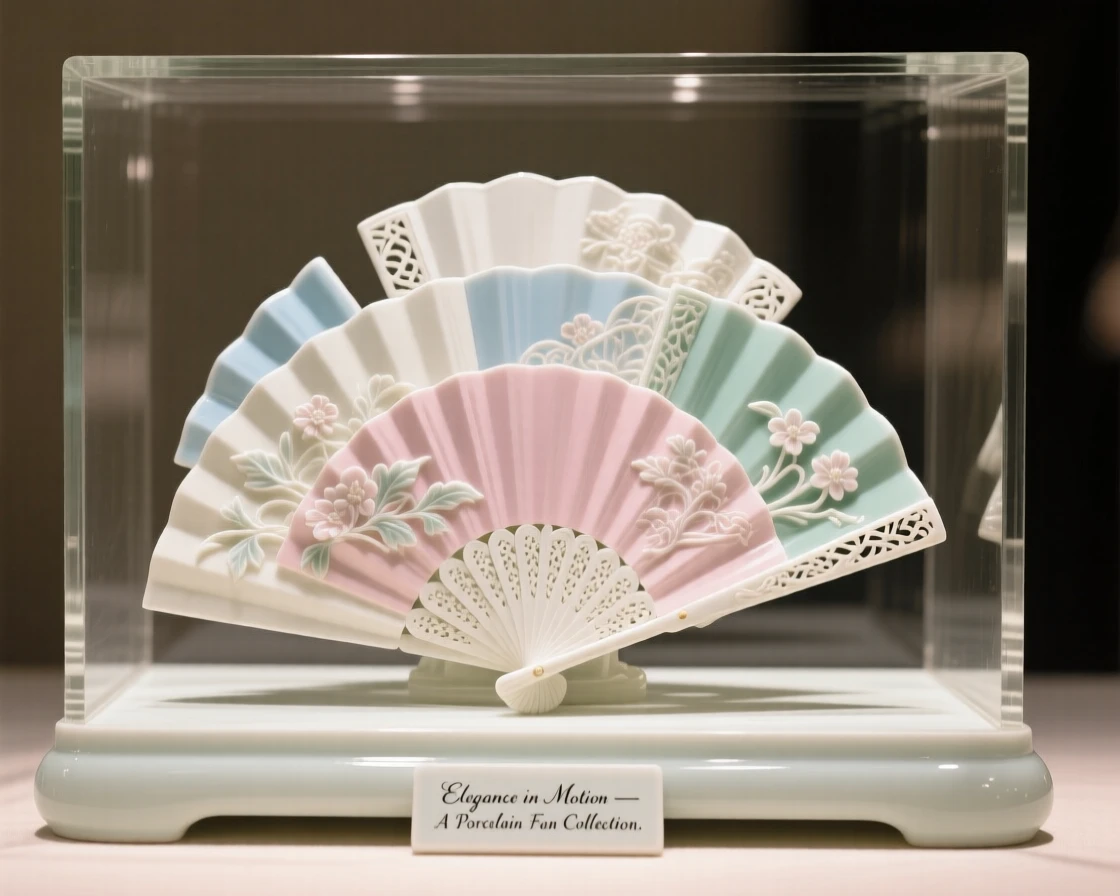 A collection of ornamental fans arranged in a glass display case, softly lit to highlight fine detail.