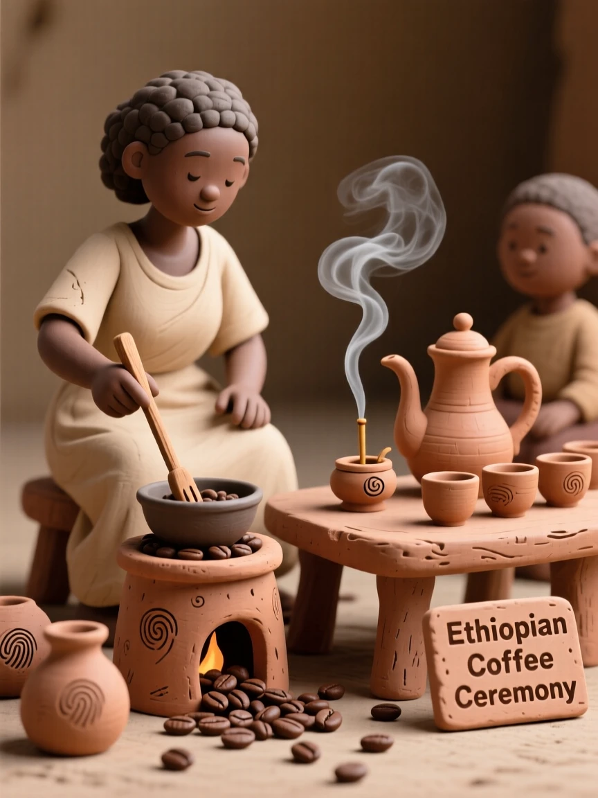 A traditional Ethiopian coffee ceremony with incense and roasted beans