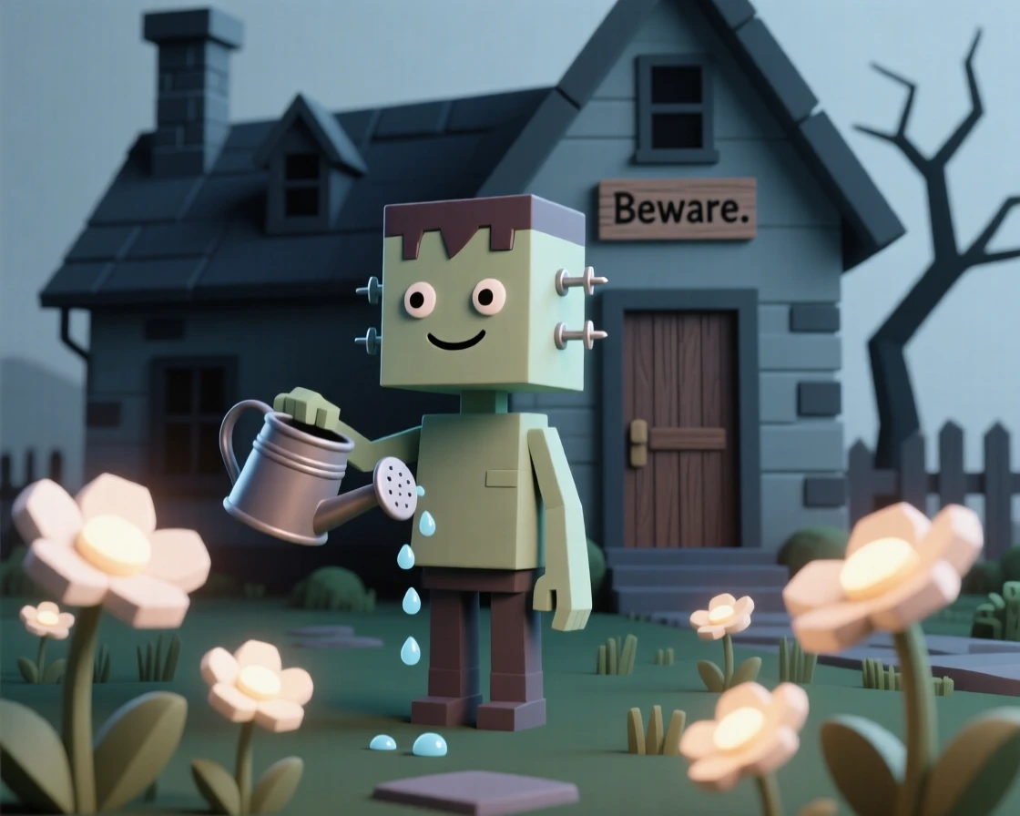 A gentle Frankenstein-style creature carefully waters a garden of glowing flowers behind a spooky old mansion.