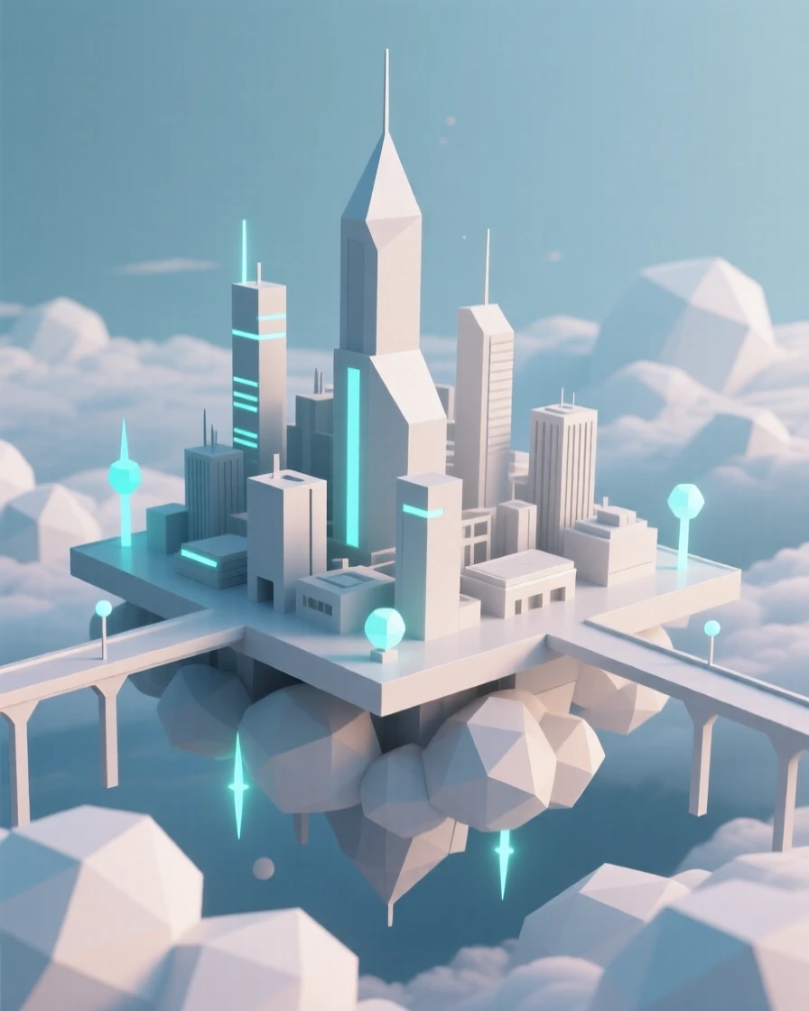 A futuristic city floating among the clouds, surrounded by glowing bioluminescent light. the scale of the scene emphasizes its vastness and wonder. A gentle, surreal beauty fills the composition.