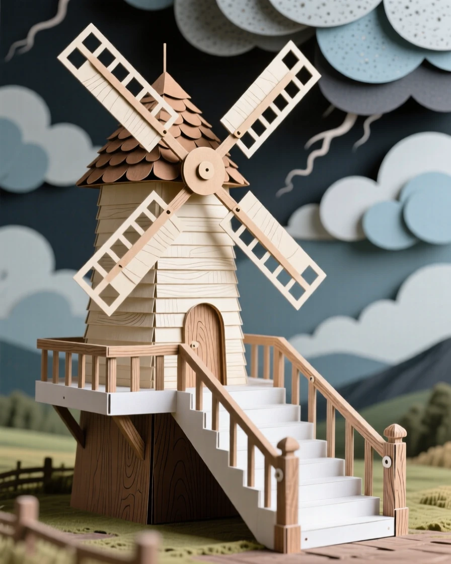 A rustic countryside windmill framed by dramatic storm clouds, with a grand staircase sweeping through the center, capturing refined elegance and history.