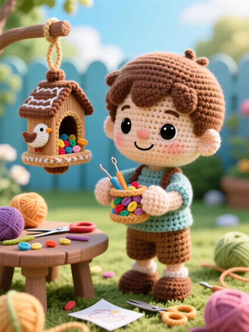 A cheerful scene of a small boy building a birdfeeder with careful, focused hands, filling it with seeds for visiting birds within a sunny backyard on a warm afternoon; a scattering of craft supplies on the table nearby, full of patient concentration and creative satisfaction.