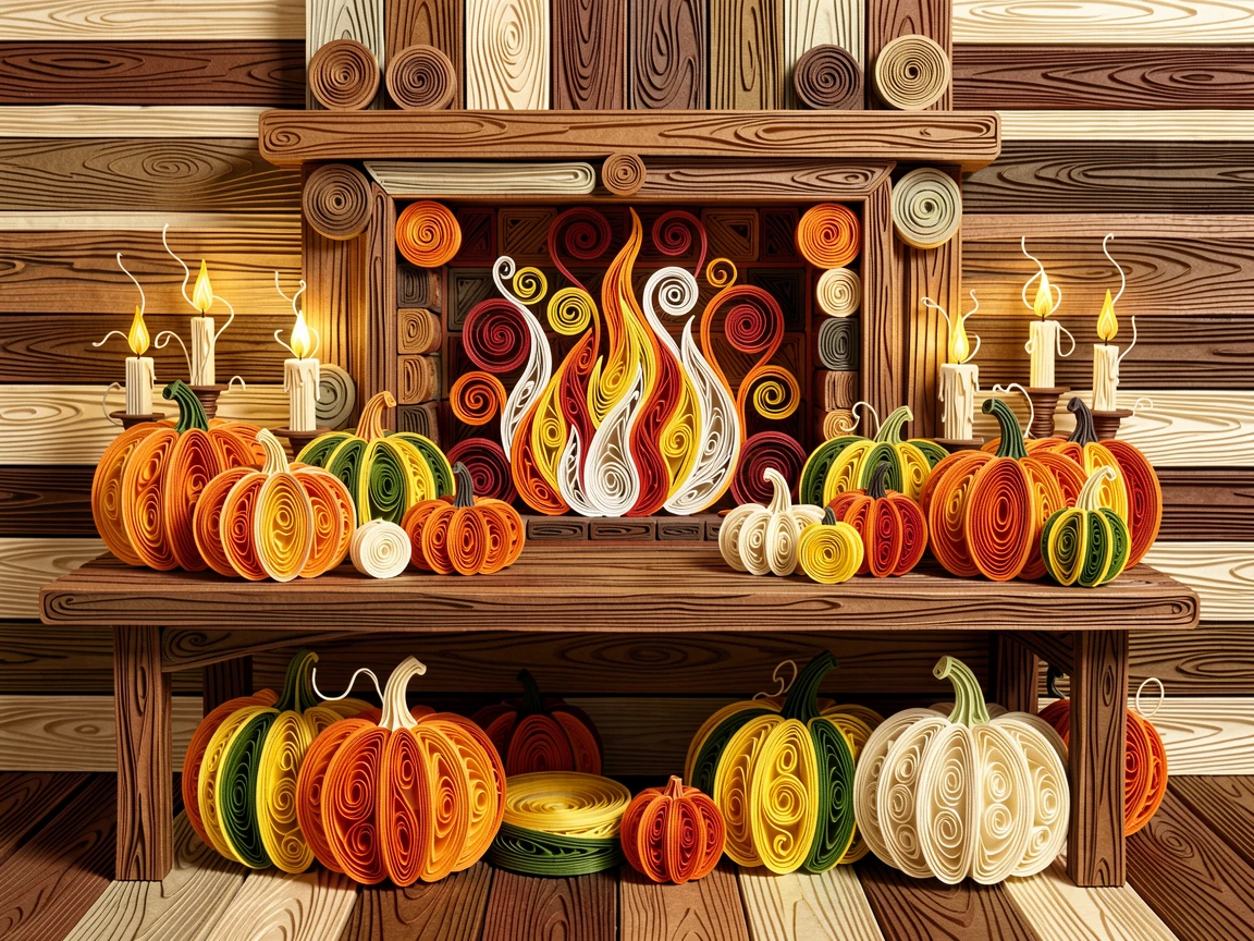 a autumn harvest table laden with pumpkins and gourds, beside a crackling fireplace in a rustic cabin, arranged symmetrically for a balanced festive feel, with soft candlelight flickering throughout the scene.
