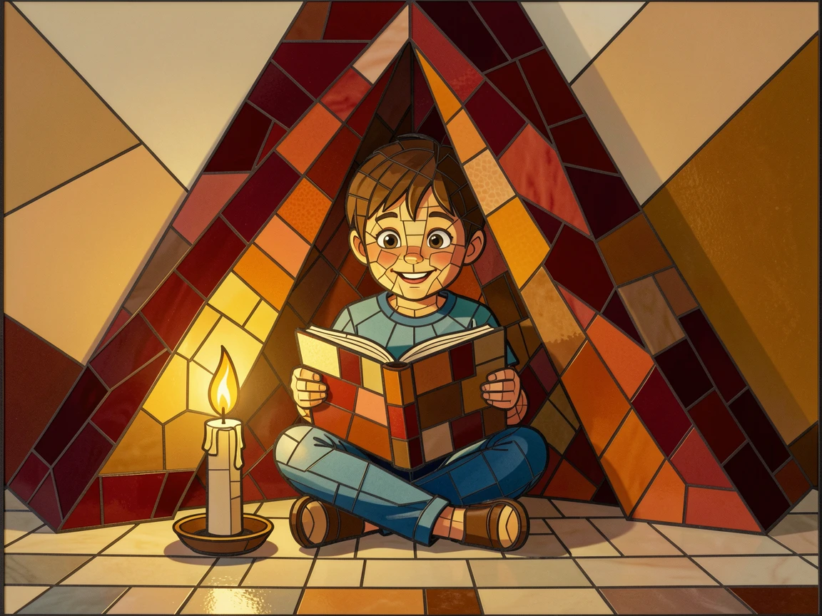 A candid, joyful moment of a child reading a book by candlelight in a cozy blanket fort, captured with warm golden light.