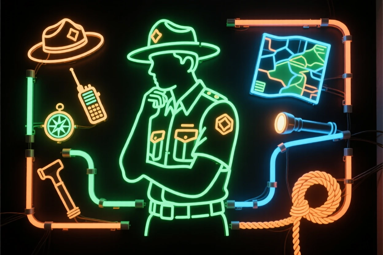 A park ranger pausing thoughtfully while surrounded by the tools of their trade.