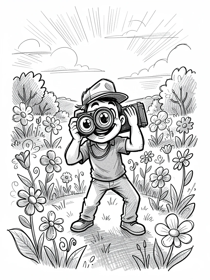 A photographer capturing a sunset view in a garden full of blooming flowers.