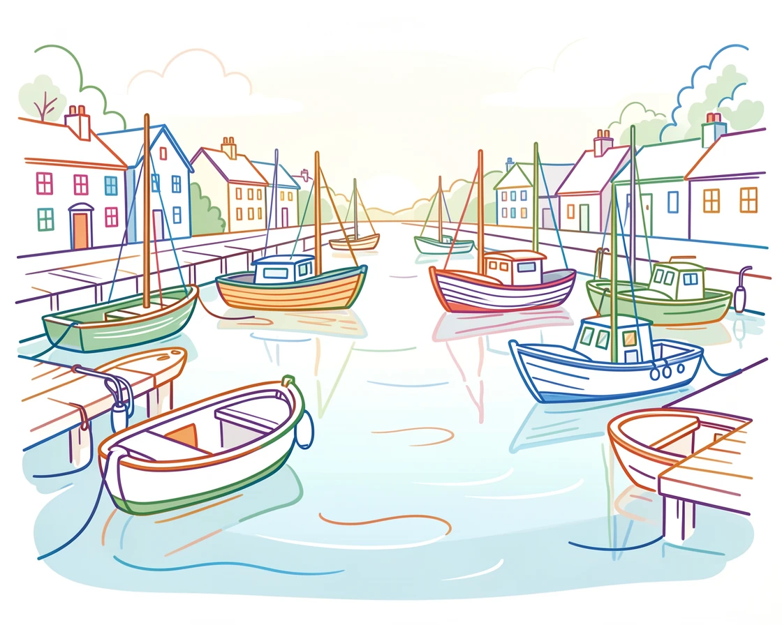 A quiet harbor town with colorful boats reflected in still morning water.