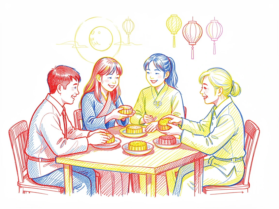 A colorful Chinese Mid-Autumn Festival with families sharing mooncakes