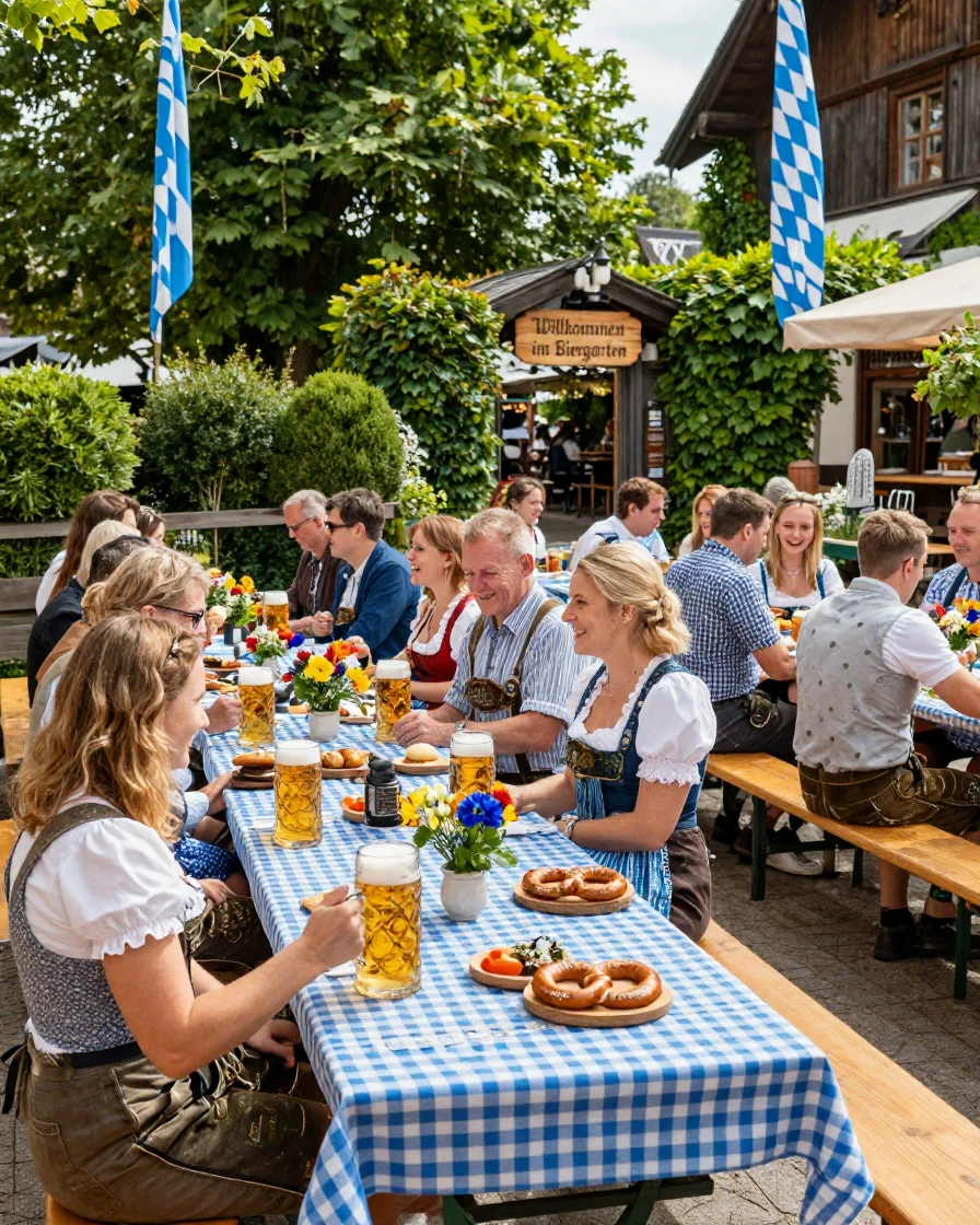A traditional Bavarian beer garden filled with long wooden tables