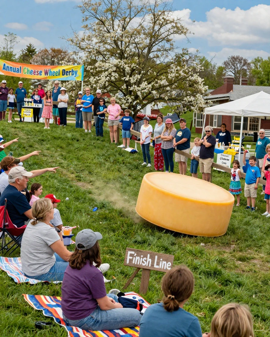 A community gathers to watch a giant wheel of cheese race down a grassy hill.