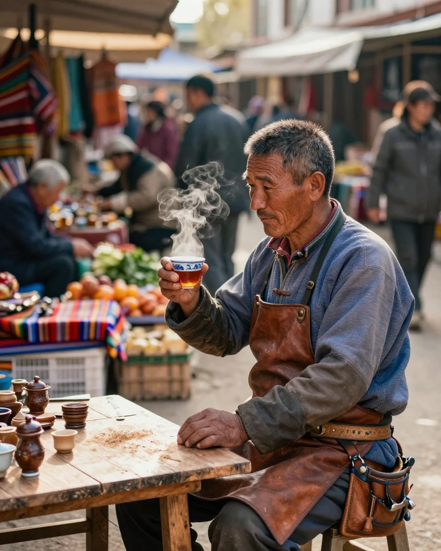 A middle-aged Mongolian carpenter sharing a quiet cup of tea in a bustling open-air market