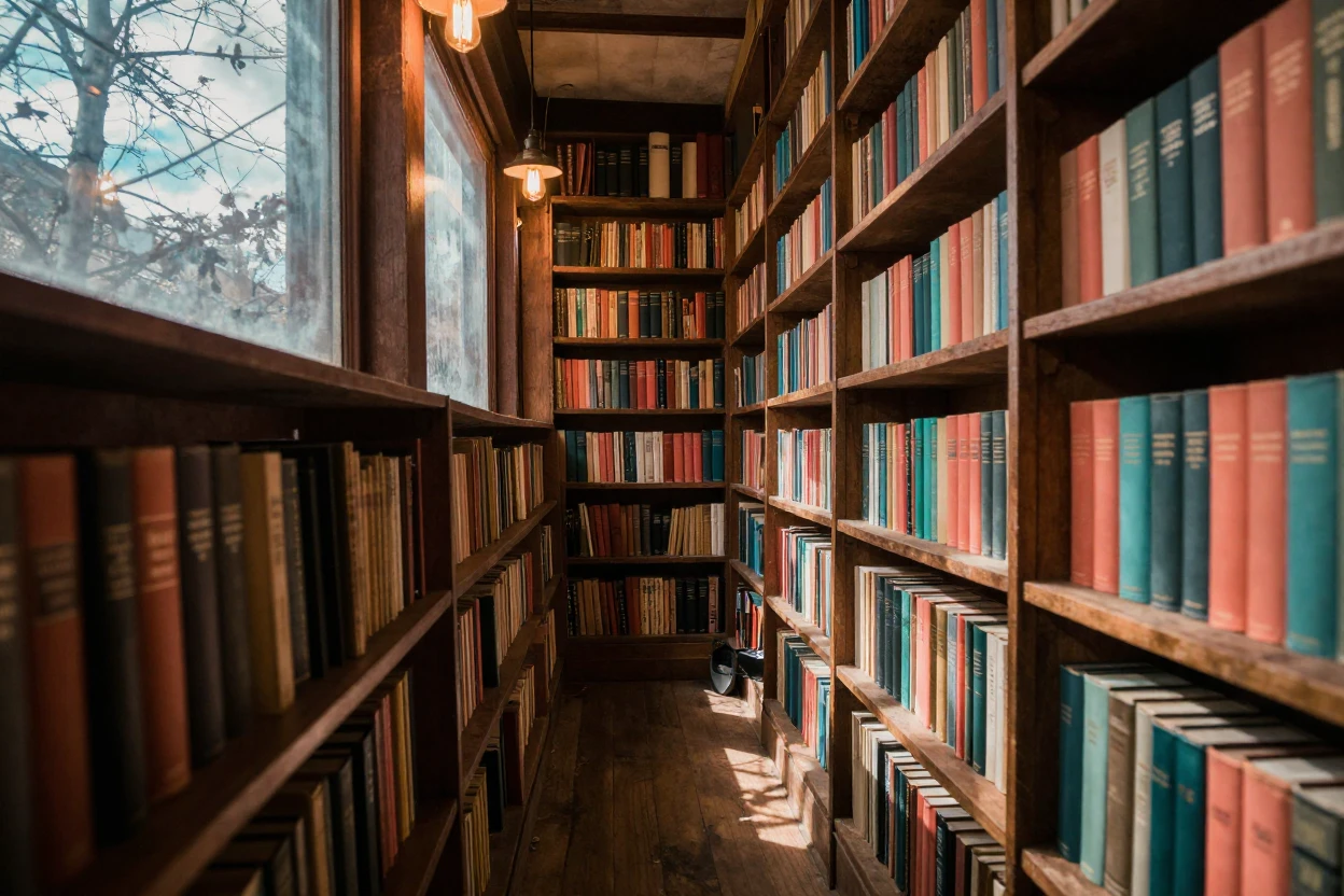 A quiet bookstore aisle lit by warm hanging lamps, in dappled light filtering through leaves, under scattered clouds, in the depths of winter, in vivid coral and turquoise hues, in a tight close-up.