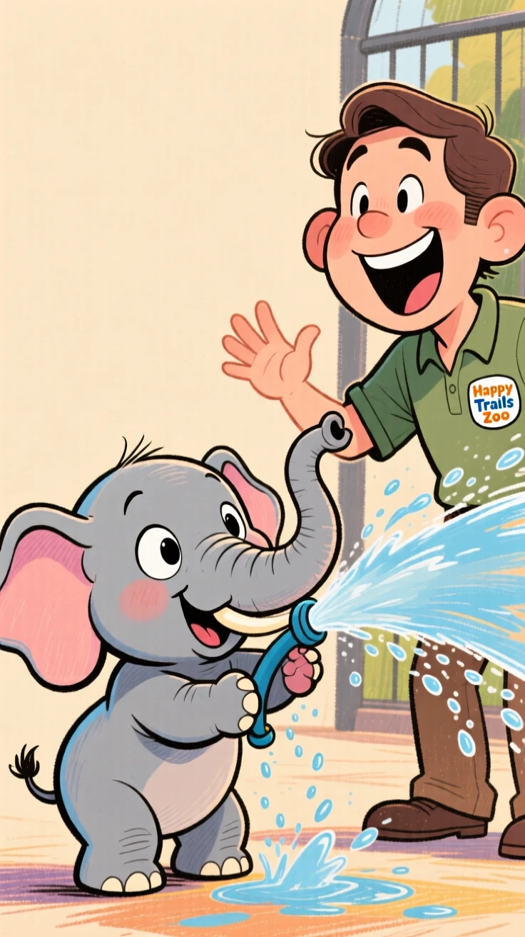 A baby elephant playfully spraying water at a delighted zookeeper.