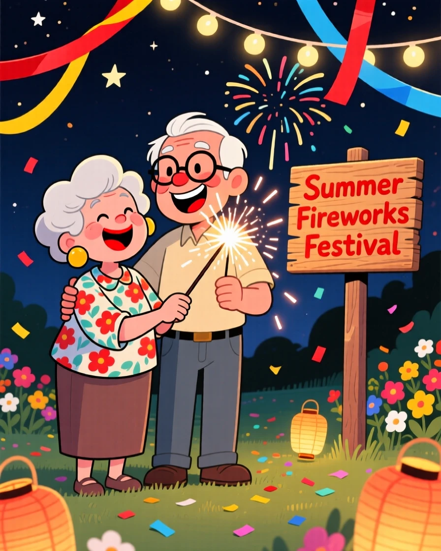 A festive celebration scene of an elderly couple lighting fireworks together on a warm summer night, surrounded by colorful decorations and streamers.