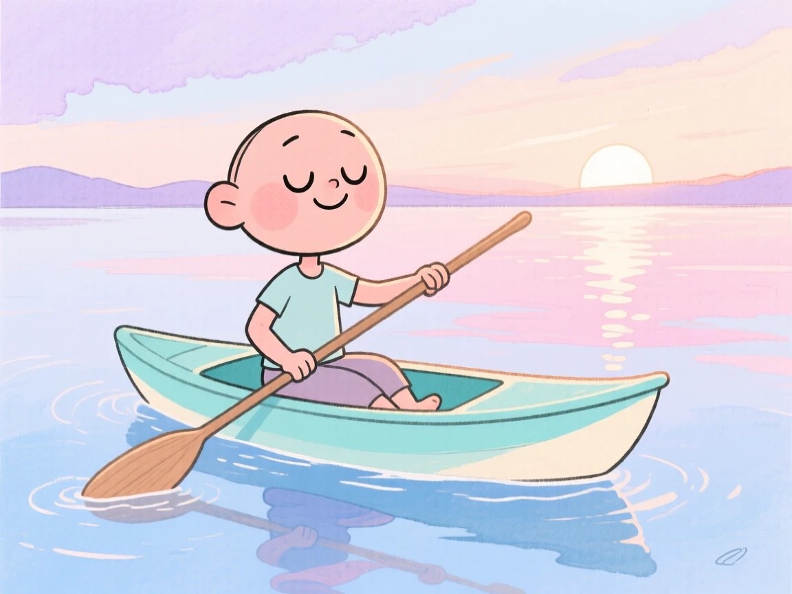 A yoga practitioner paddling calmly across a glassy lake at sunrise