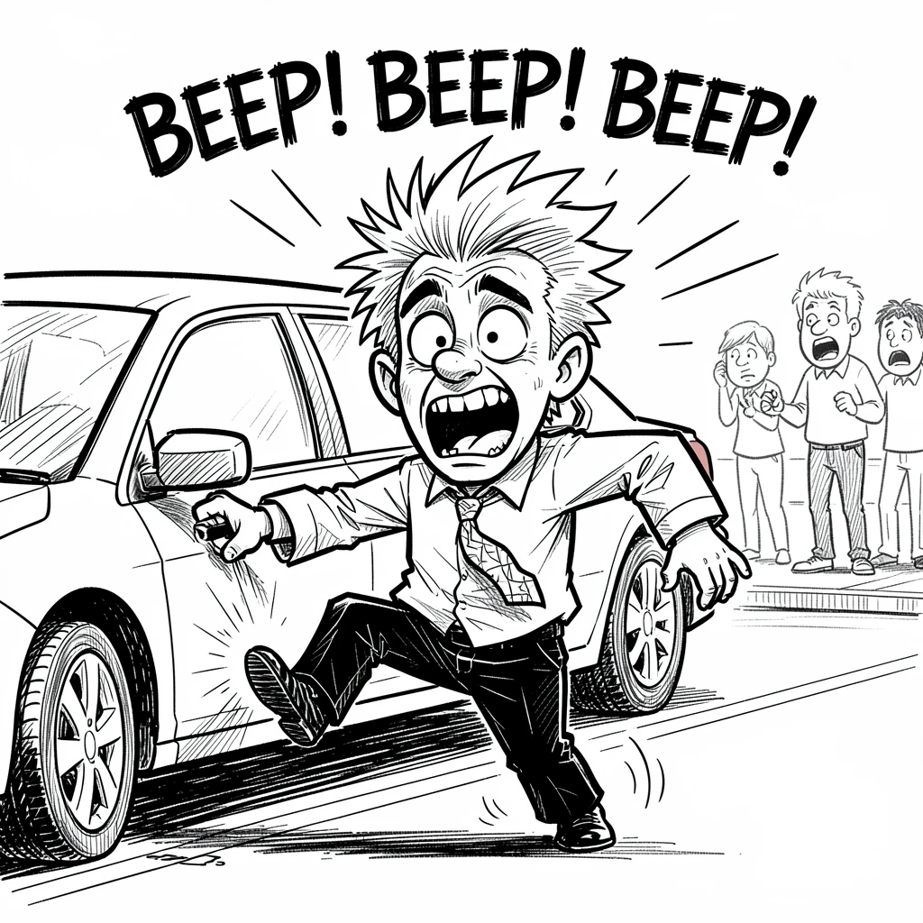 [Funny & Exaggerated Situations] Comical scene of a clumsy office worker accidentally setting off a car alarm, exaggerated for maximum laughs