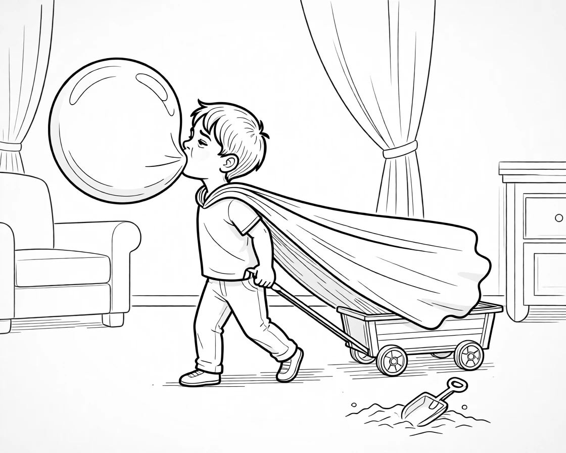 A child blowing the biggest bubblegum bubble yet, straining against the overloaded wagon handle, set in a living room draped in a bedsheet cape. A plastic shovel lies abandoned in the sand. It feels like a cherished memory frozen in time.
