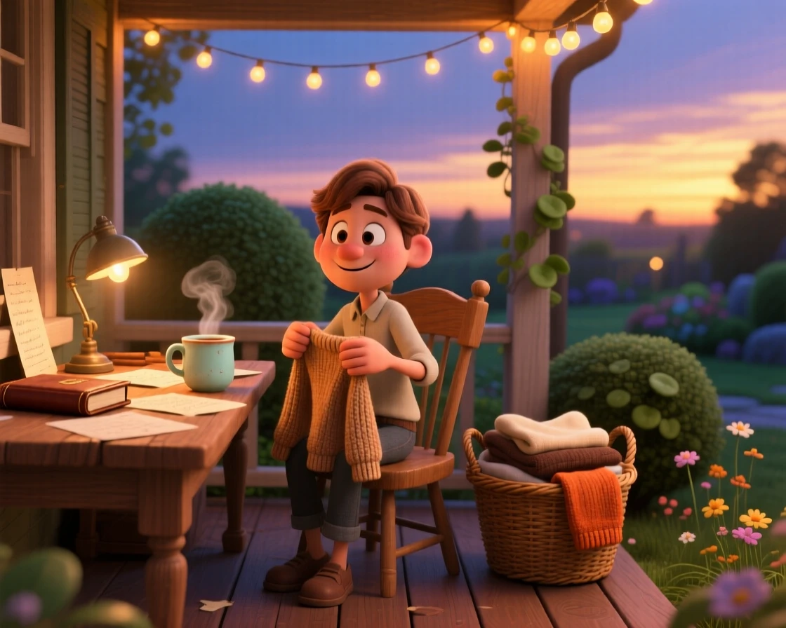 A writer sipping tea at a wooden desk sits under a canopy of fairy lights on a porch, folding warm laundry fresh from the dryer. A gentle nostalgia and calm settle over the scene, with steam rising from a nearby mug.