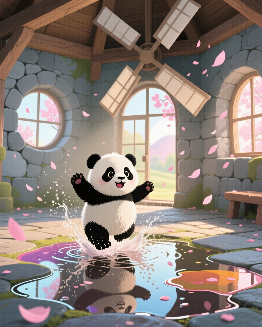 A round-bellied panda cub is splashing through puddles in an old stone windmill, with petals drifting gently down.