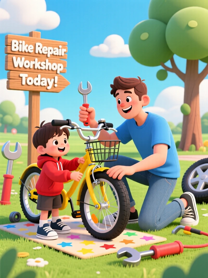 A youth mentor teaching a child to change a bicycle tire.