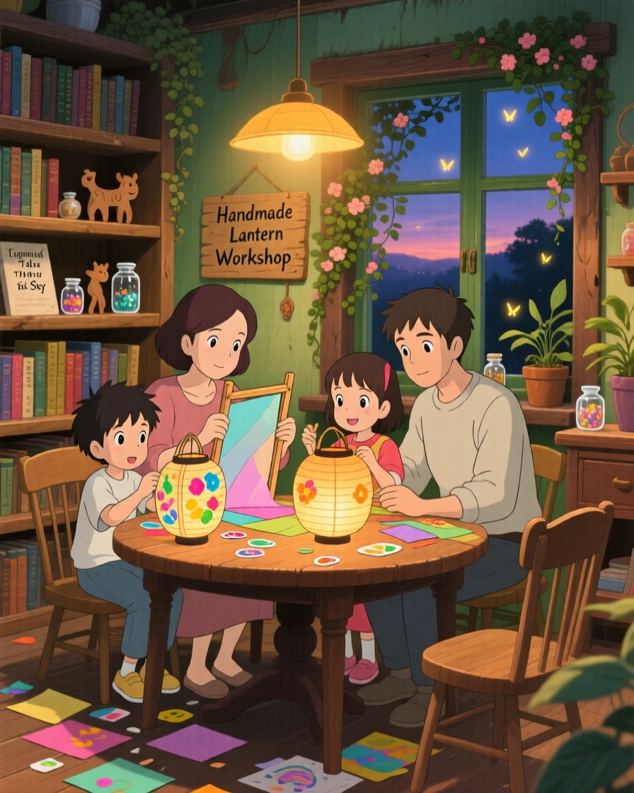 A family gathered around a table making paper lanterns, shelves lined with books and small trinkets, the whole scene feeling full of homely charm.
