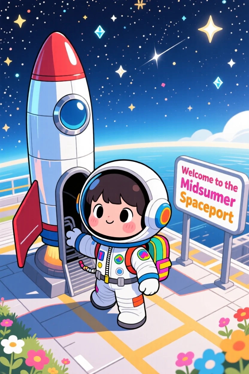 Bird's-eye view: a young astronaut, boarding a rocket ship with a backpack, set against a sunny launch pad under a starry midsummer night sky, with sparkling starlight and a mood of peaceful calm.
