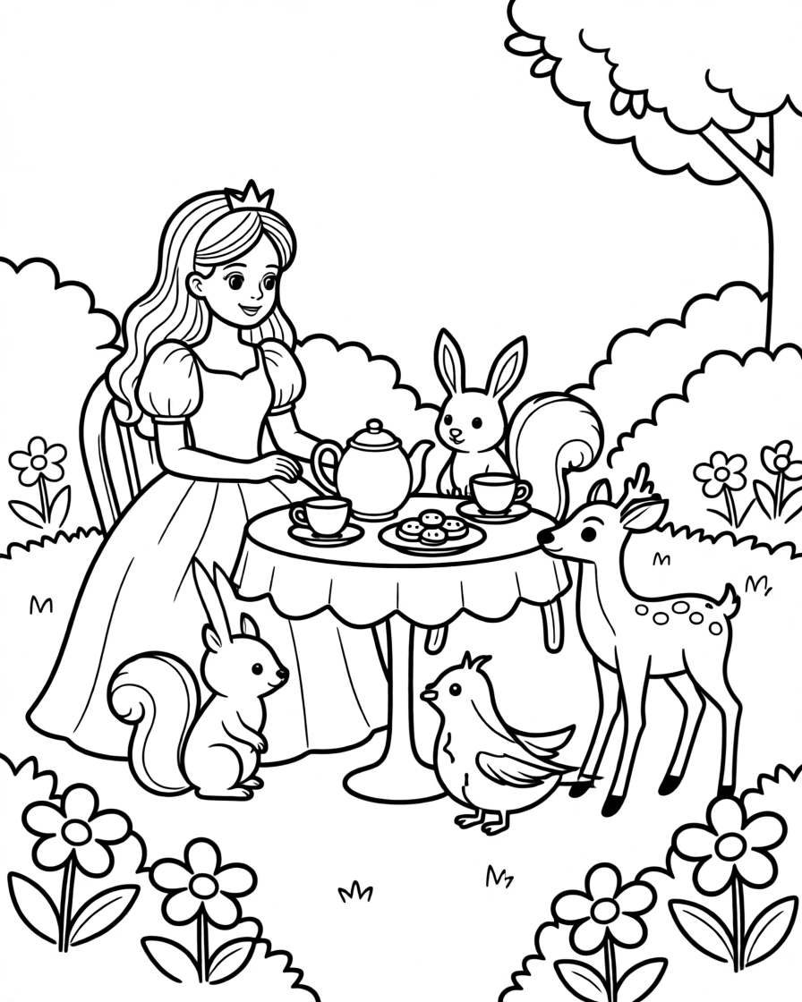A princess having tea with woodland animals in a garden
