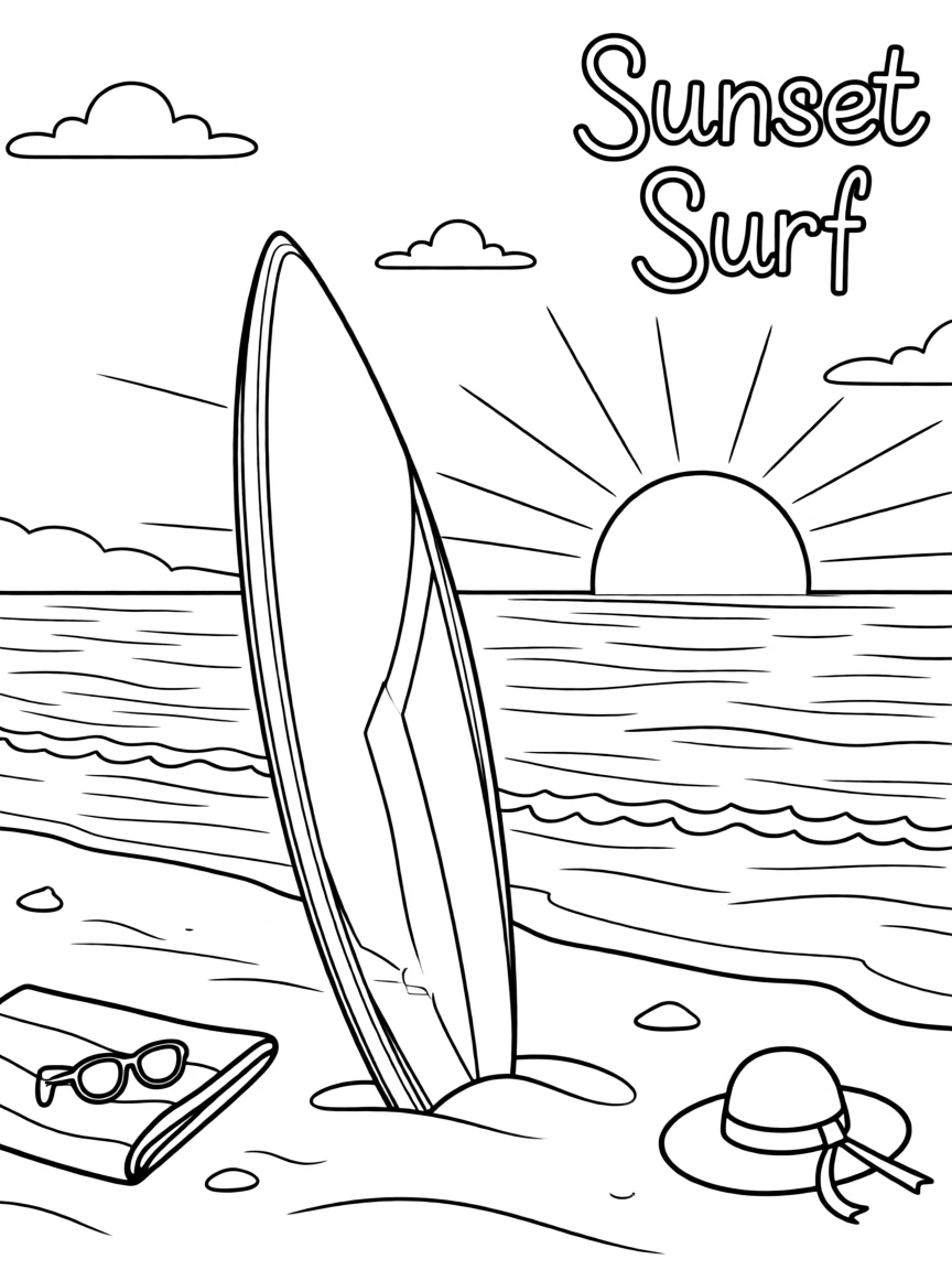 A surfboard stuck upright in golden sand at sunset, with gentle waves rolling onto the shore.
