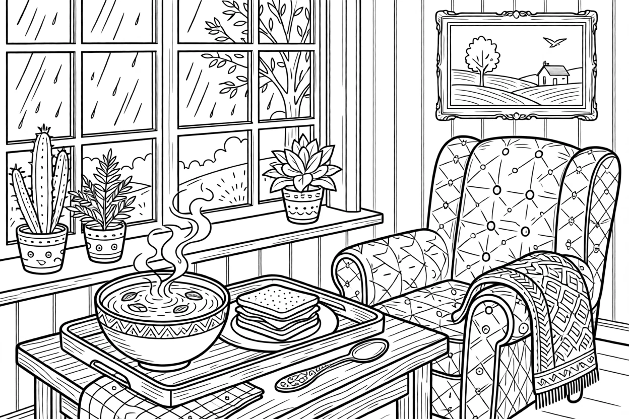 A cozy grilled cheese and tomato soup scene beside a rainy window.