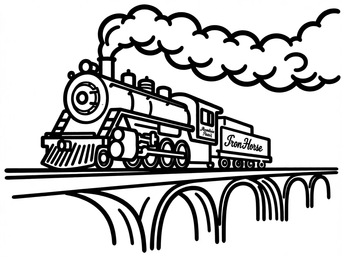 A classic steam locomotive billowing smoke as it crosses a mountain trestle bridge.