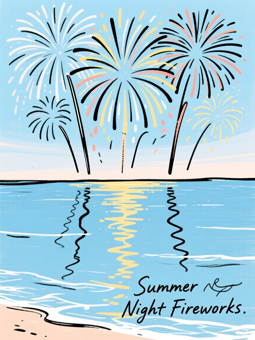 A summer fireworks celebration reflected over a calm ocean.