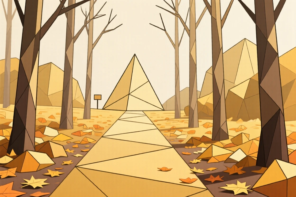 A golden autumn forest path covered in fallen leaves