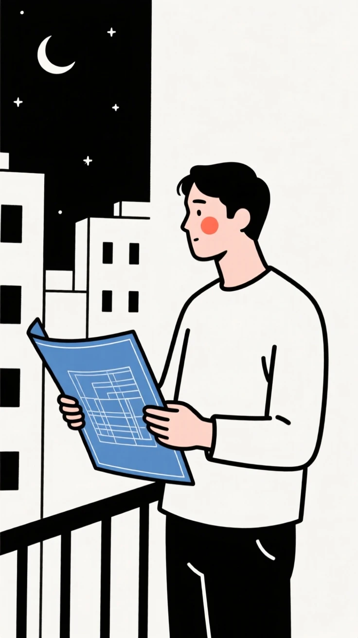 An architect of greek heritage reviewing blueprints, gazing thoughtfully into the distance, on a city balcony at night.