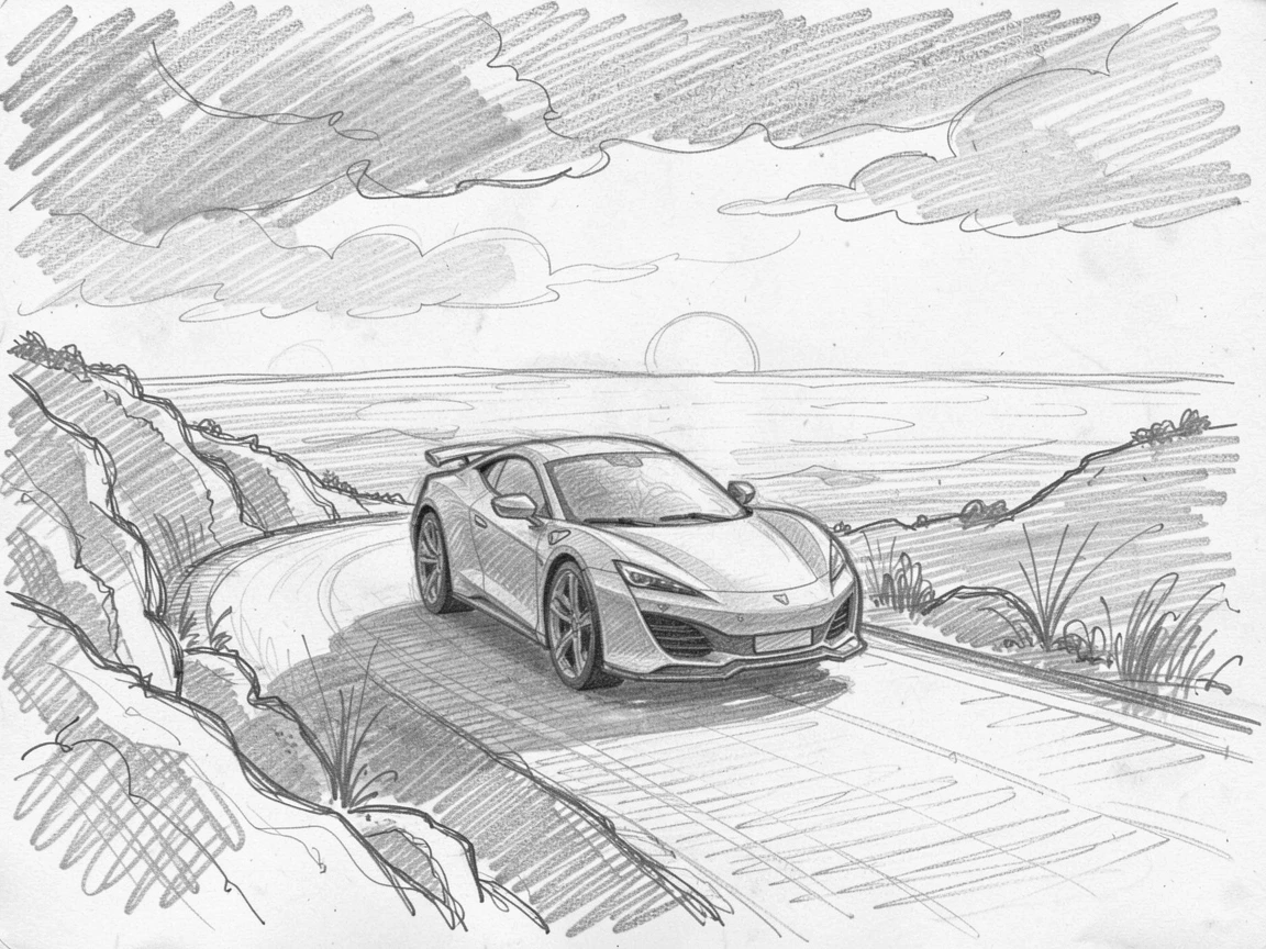 A striking scene of a sleek sports car parked at sunset along a winding coastal road, with dramatic clouds gathering overhead.