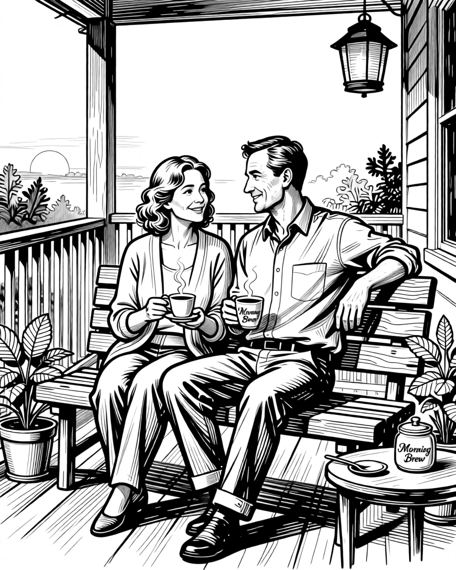 A couple enjoying a quiet morning coffee on their porch.
