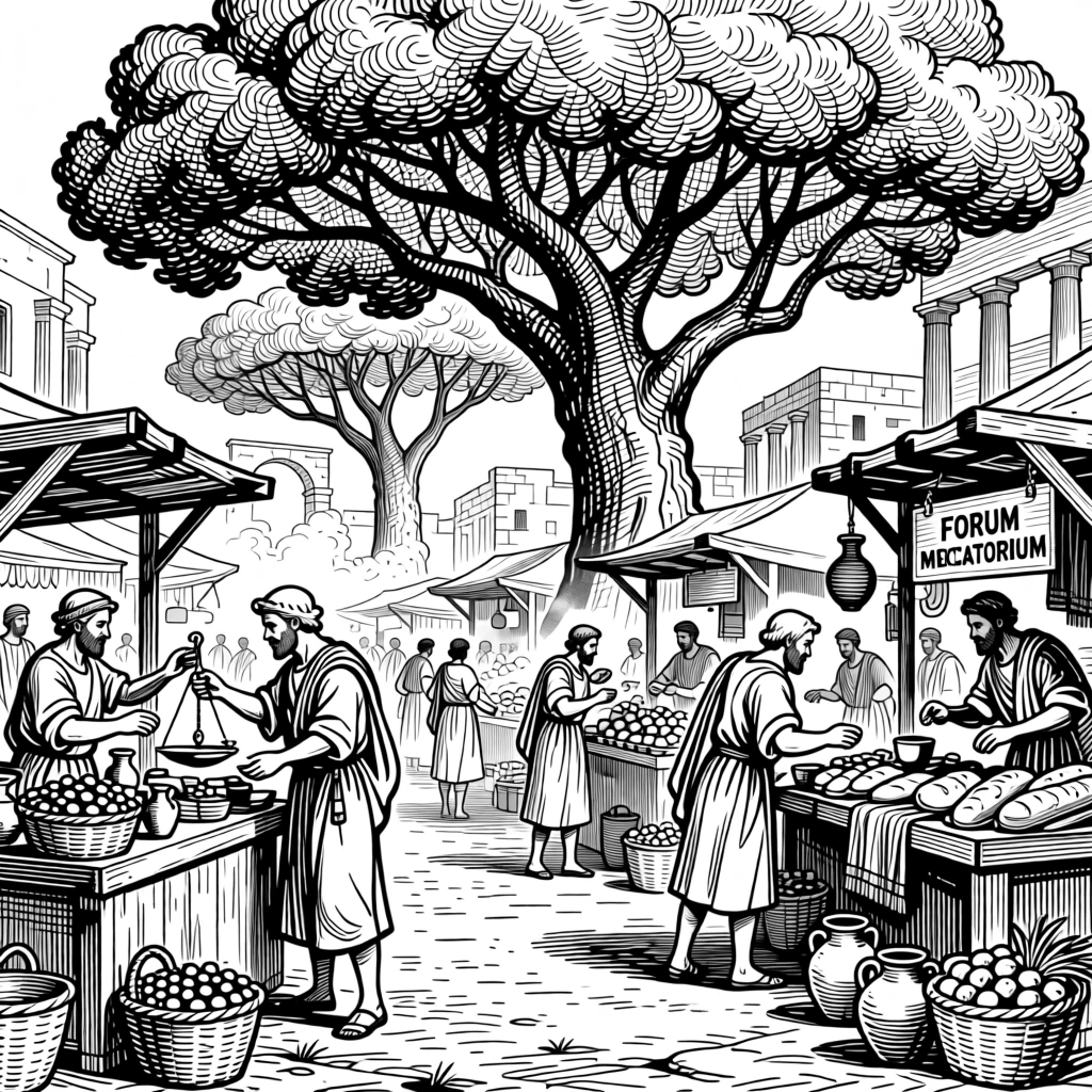 An ancient roman marketplace bustling with traders beneath the shade of ancient trees, with dust rising softly from the ground, portrayed in a proud and storied historical scene.