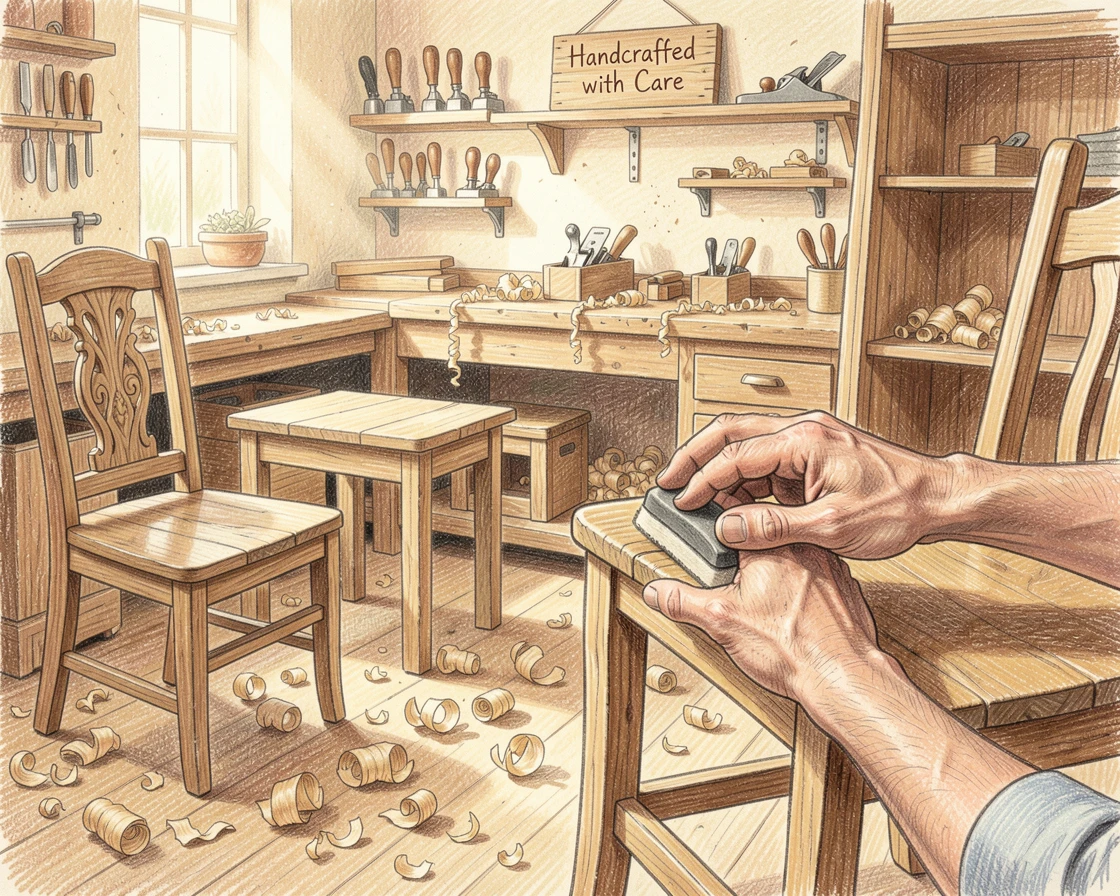 A woodshop filled with curls of shavings and half-finished furniture, framed thoughtfully to draw the eye toward the central subject, radiating comfort, joy, and quiet beauty.