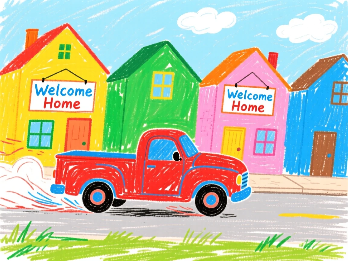 A classic pickup truck drifting past a row of colorful houses.