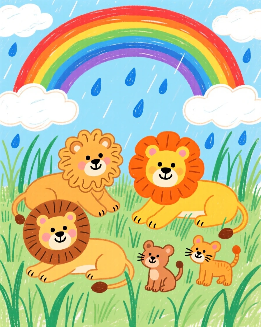 A pride of lions resting in tall grass beneath a rainbow after a storm.