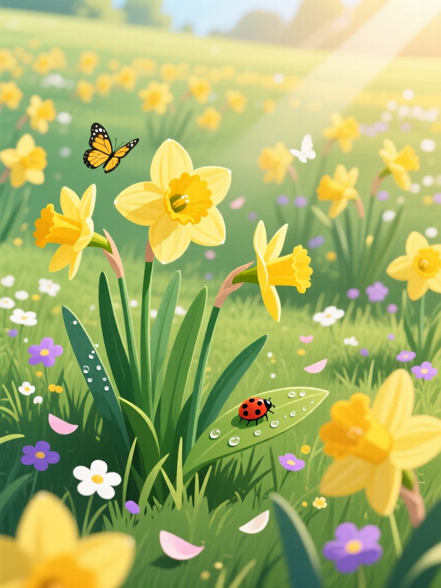 A meadow of daffodils swaying gently in a spring breeze, surrounded by natural seasonal textures and light, arranged with a cheerful, seasonal charm, with charming small details that evoke the season perfectly.