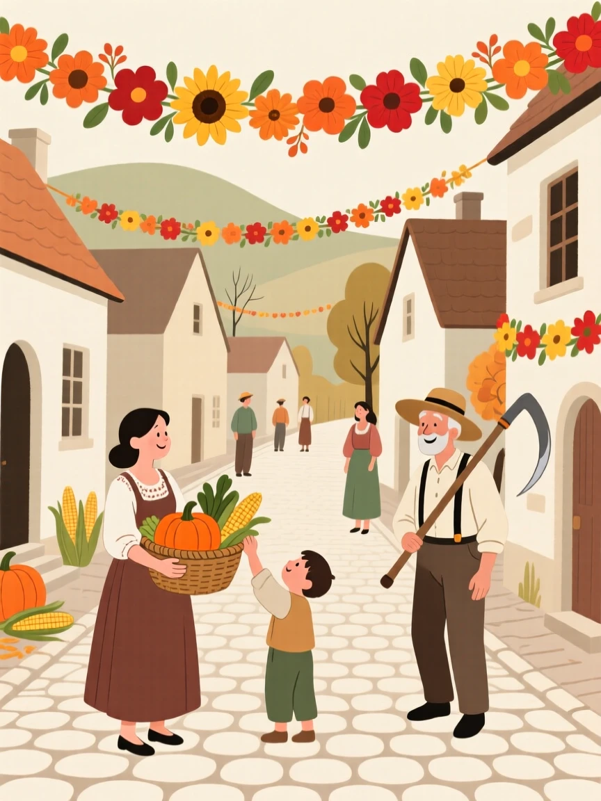 A harvest celebration with garlands of flowers filling a village street.