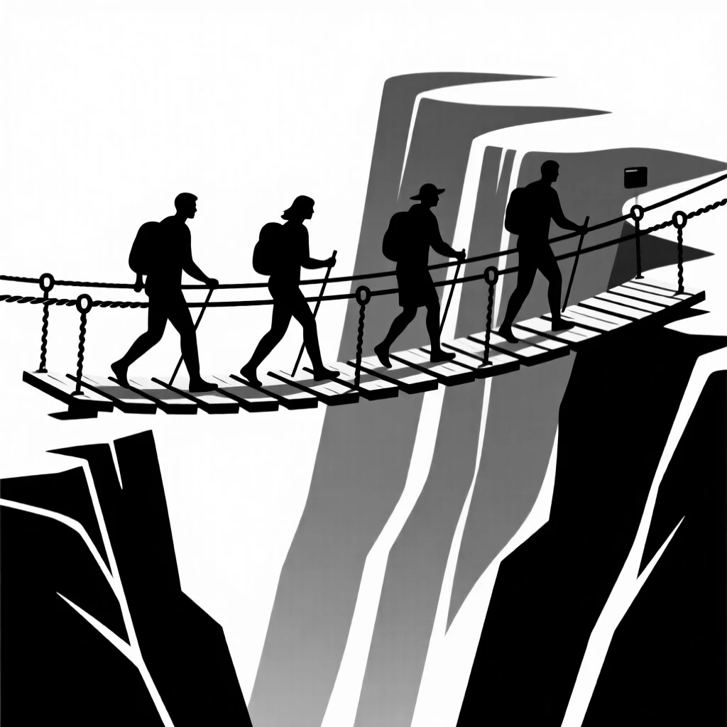 A group of hikers crossing a rope bridge over a canyon.