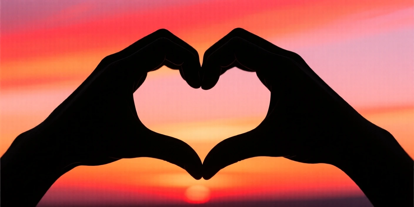 A pair of hands forming a small heart shape against a sunset sky.