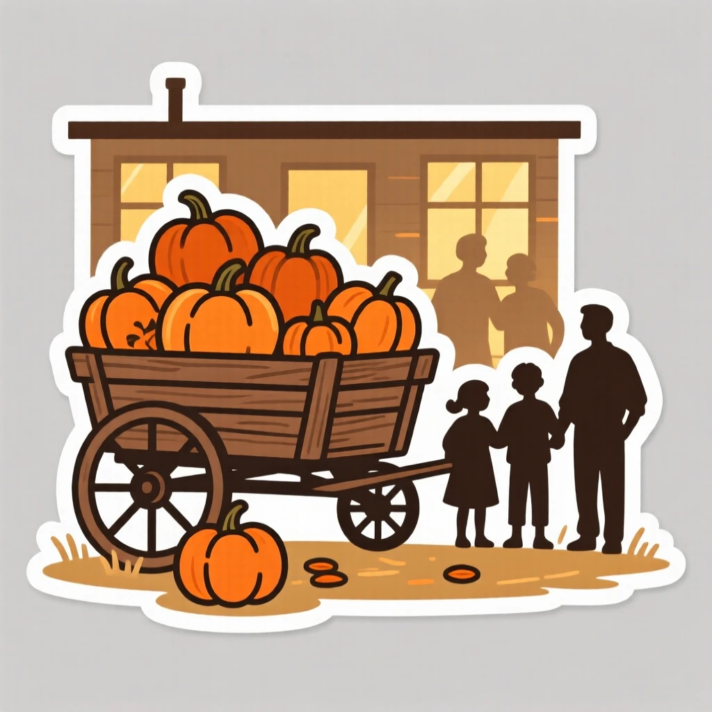 A warmly nostalgic autumn hayride wagon full of pumpkins, with warm light spilling from nearby windows, at a joyful family gathering.