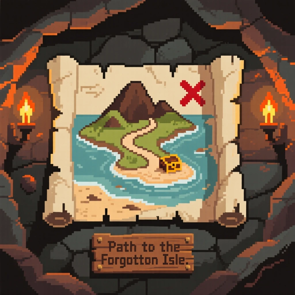 A map leading to a hidden island half-buried in sand on a forgotten beach, within a cave lit by torchlight.