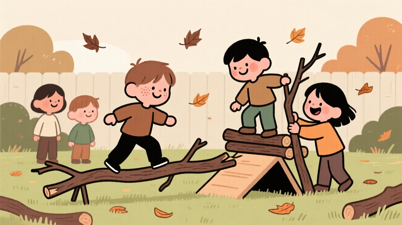A small group of children build a obstacle course out of fallen branches in the backyard, laughing as the wind sends leaves scattering everywhere.