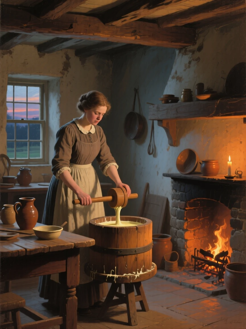 A balanced composition of a woman churning butter in a rustic farmhouse kitchen, in the Edwardian era, at twilight.