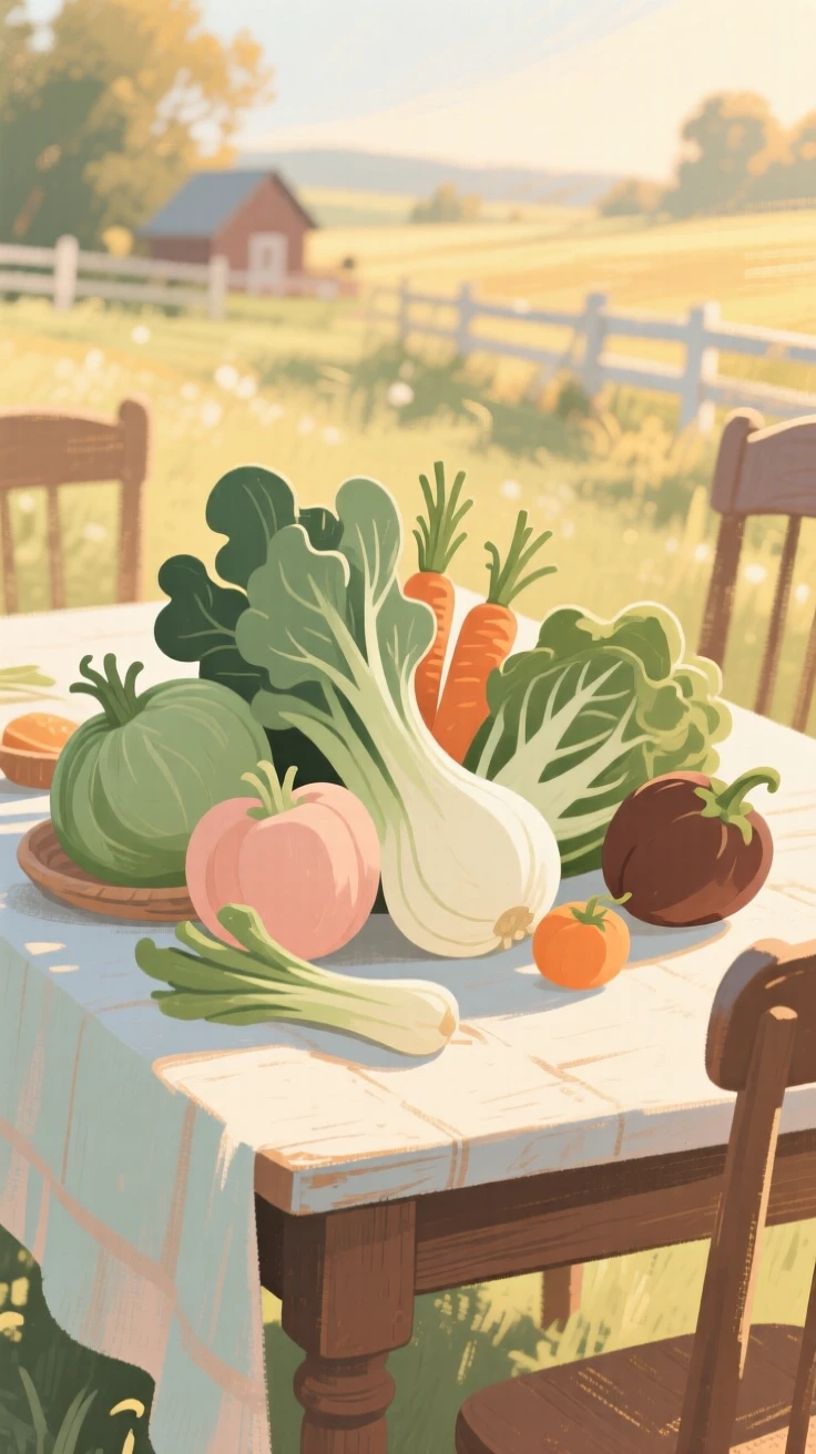 A farm table display of fresh vegetables arranged by color