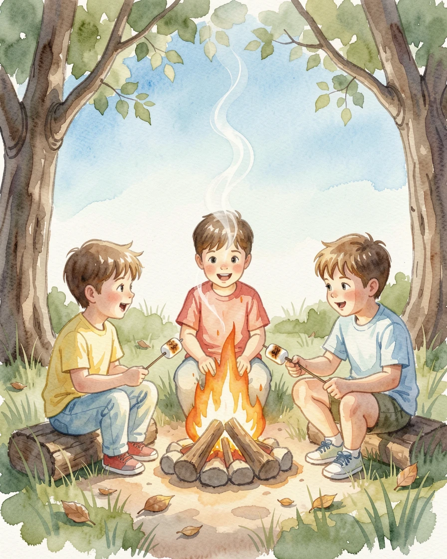 Kids roasting marshmallows around a campfire under a bright blue sky.
